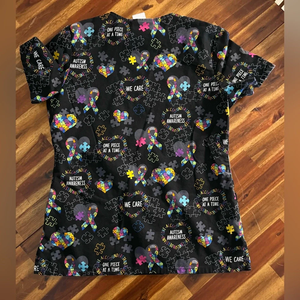 Cherokee Autism Awareness Puzzle Print scrub Top - Picture 2 of 6